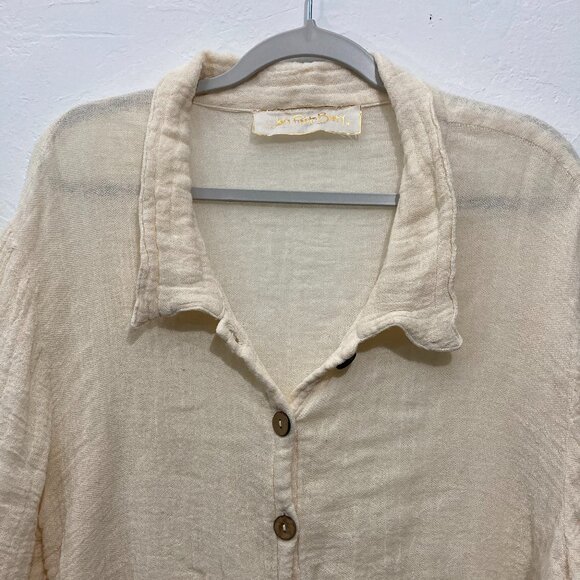 Jen’s Pirate Booty Gauze Button Up Shirt Top Short sleeve Minimalist Beige M/L - Picture 3 of 13